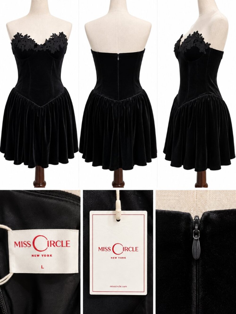 MISS CIRCLE BLACK VELVET LACE STRAPLESS DROP-WAIST MINI DRESS – SIZE L – NWT